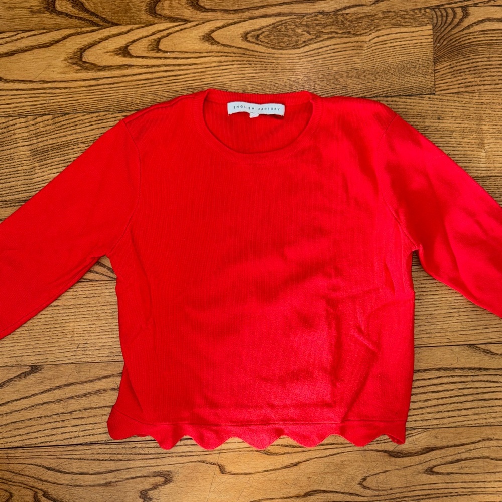 English Factory Red Long Sleeve Top with Scalloped Hem
